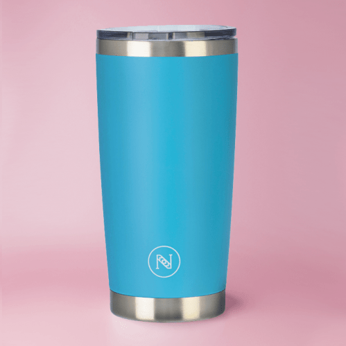 

كوب من الفولاذ المقاوم للصدأ مع غطاء بلاستيك - أزرق فاتح -N-507