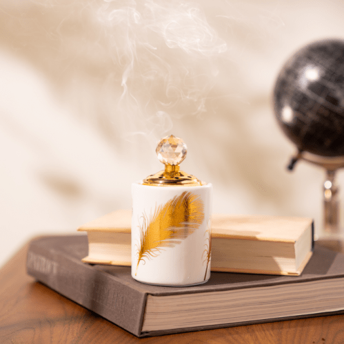 

مبخرة دائرية لون ابيض بنقش ريشة - كبير